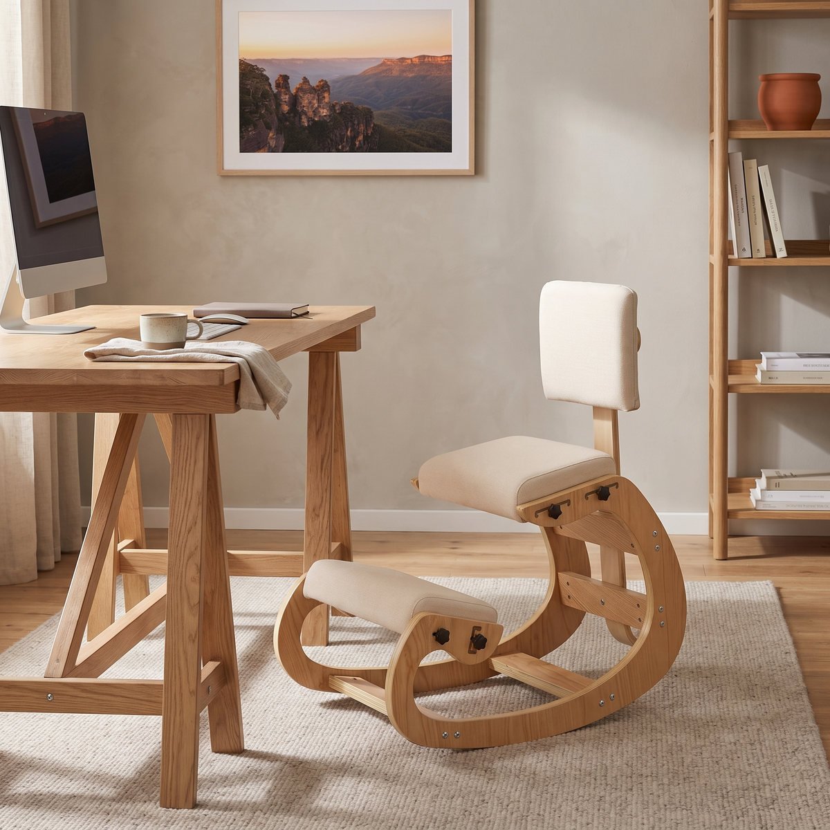 Ivy ergonomic kneeling chair with padded cream backrest at an oak desk in a Scandinavian home office