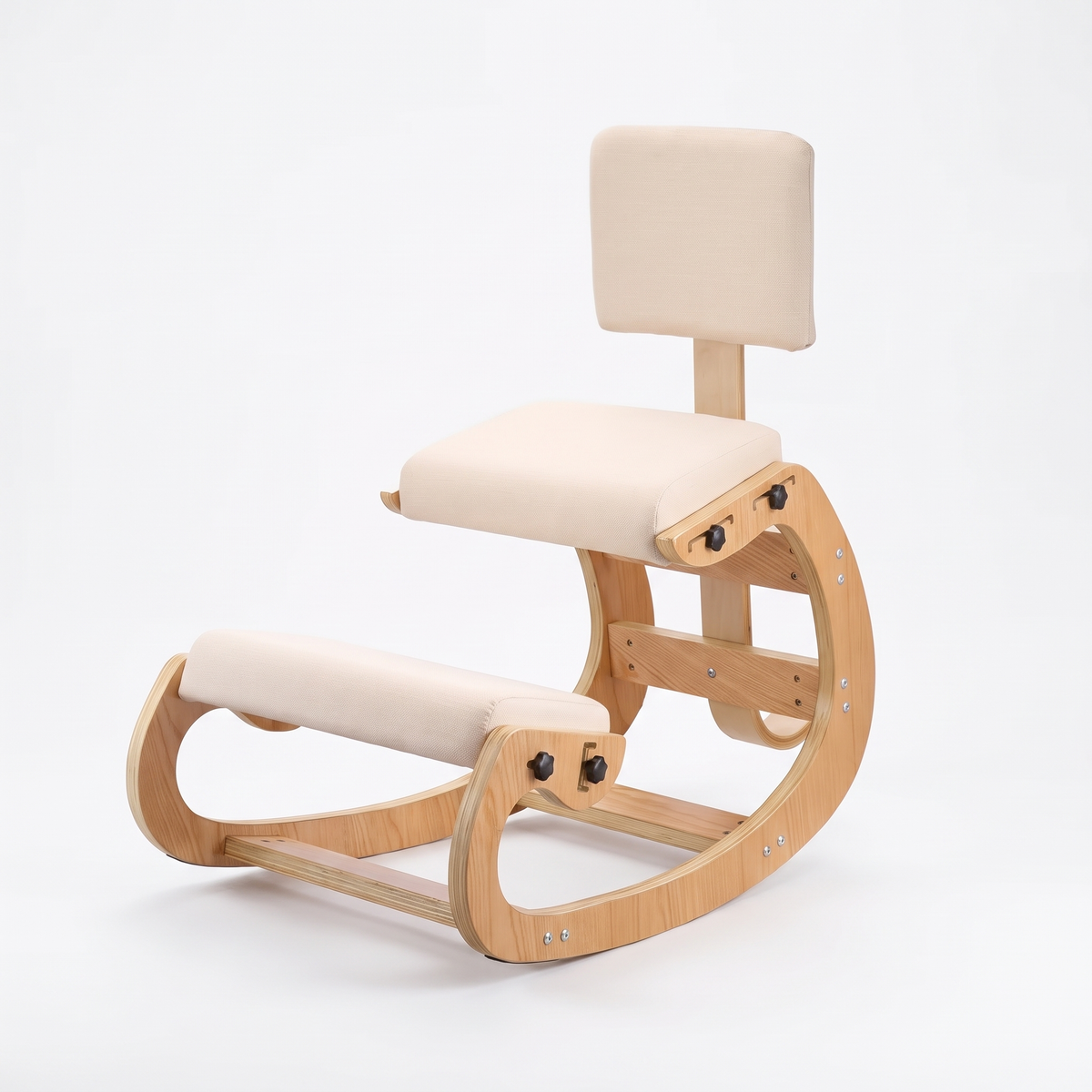 Ivy ergonomic kneeling chair with padded cream backrest and natural wood frame on a white background