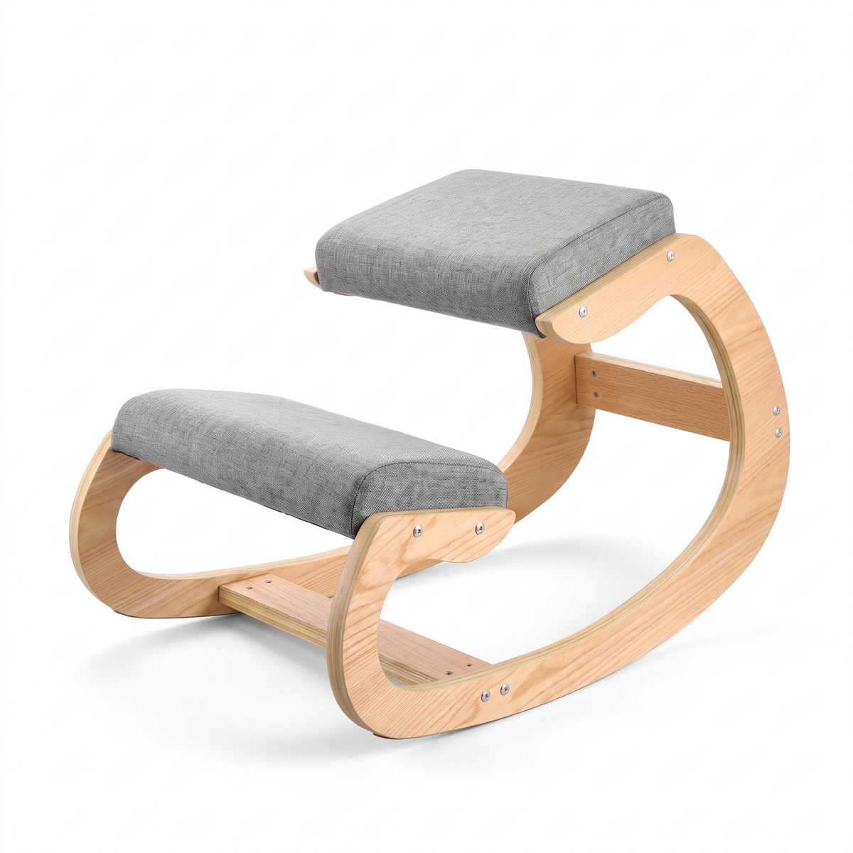 Ivy large-frame ergonomic kneeling chair in natural wood with grey cushions on a white background