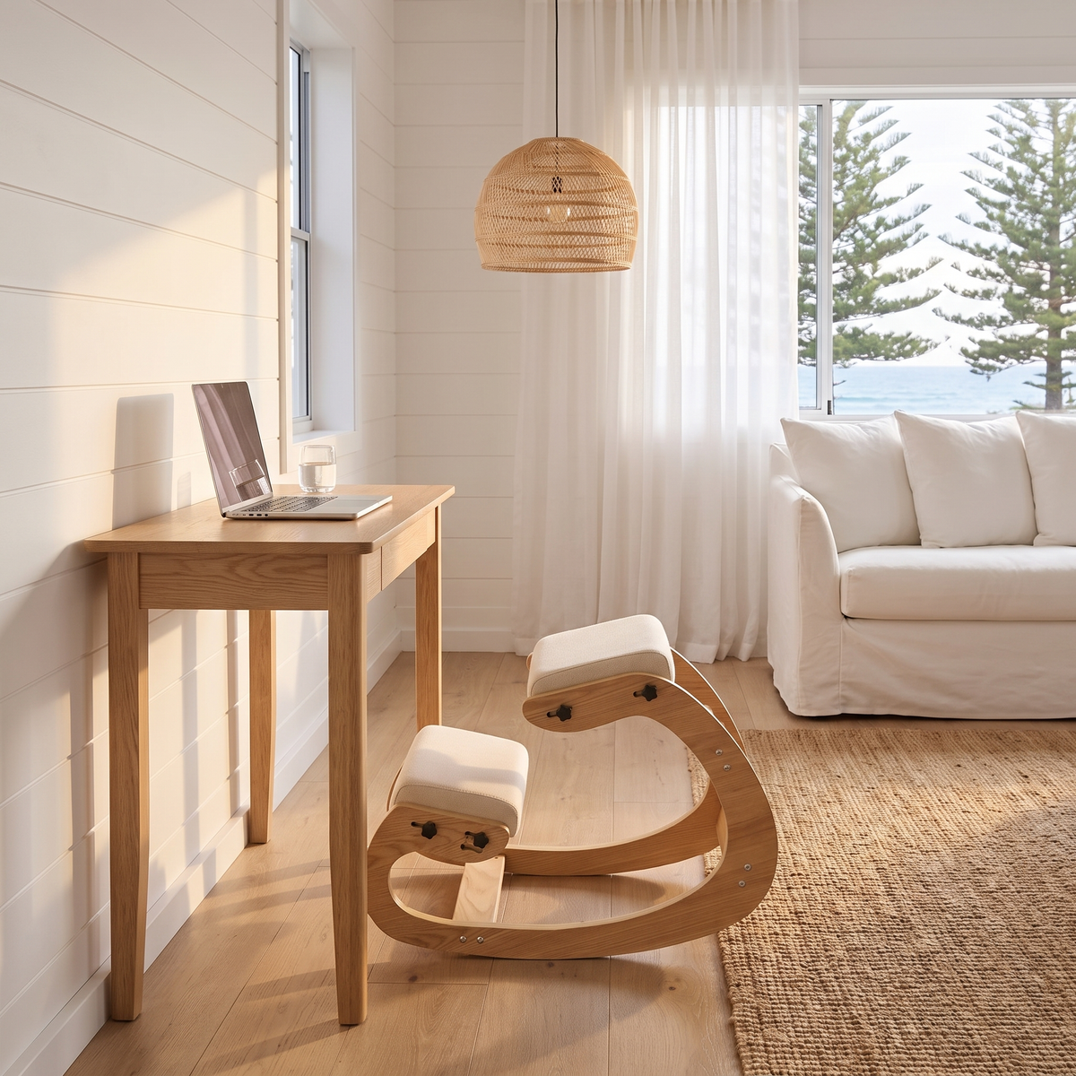 Ivy ergonomic kneeling chair with natural wood frame and cream cushions in a beach house living room