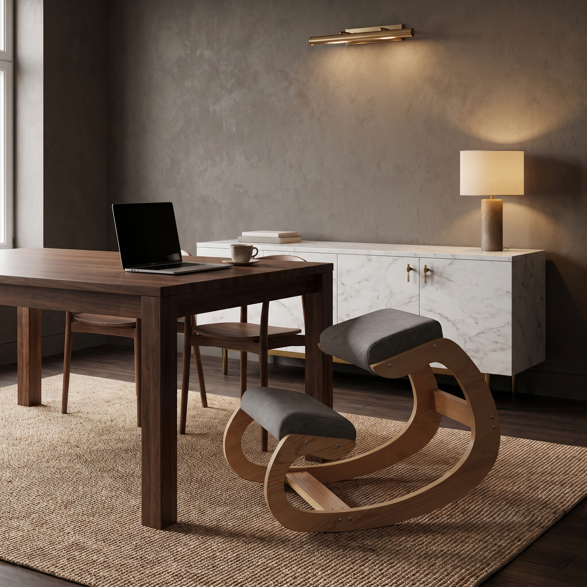 Ivy kneeling chair with natural wood rocking frame and grey cushions at a walnut dining table