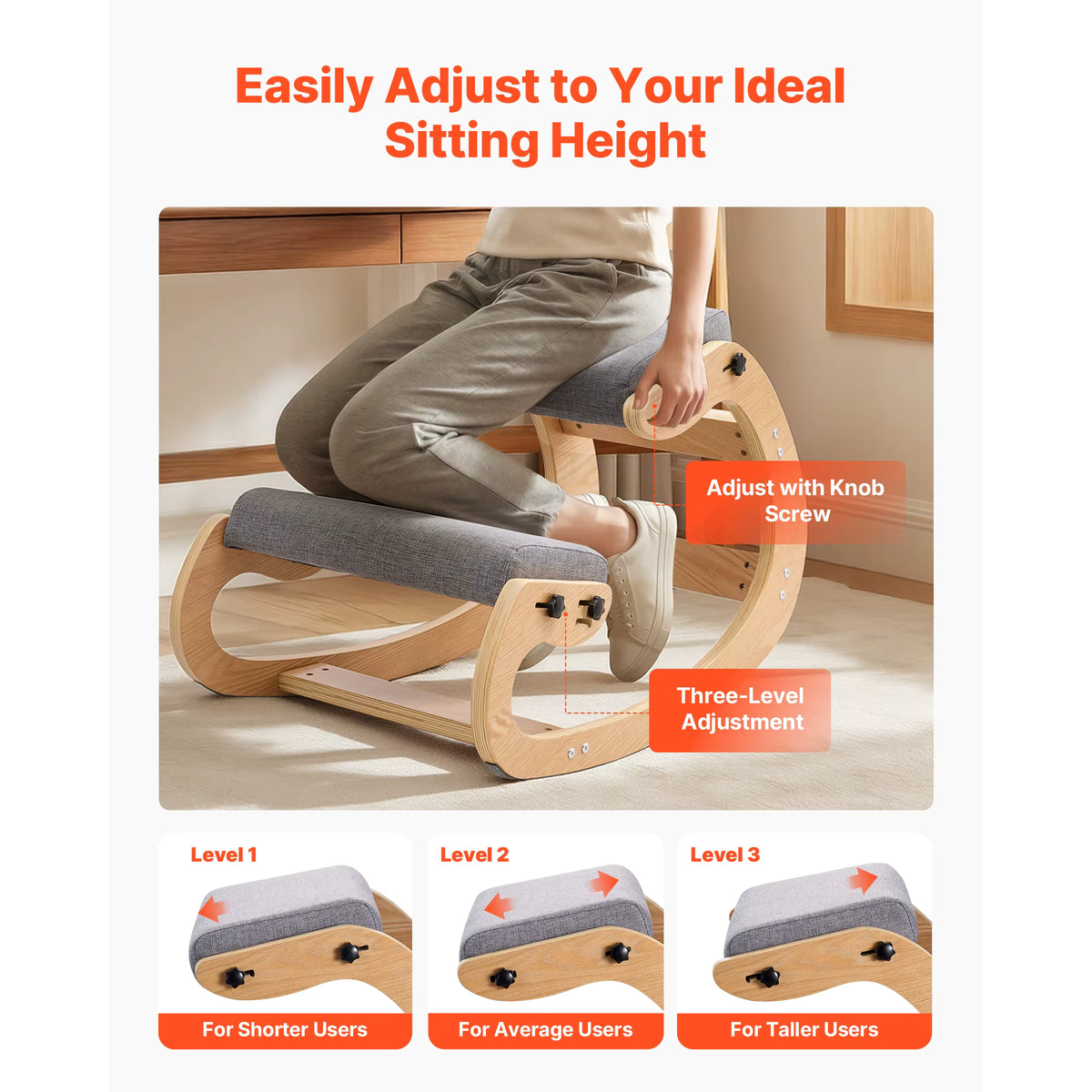 Ivy kneeling chair three-level height adjustment with knob screws for shorter, average and taller users