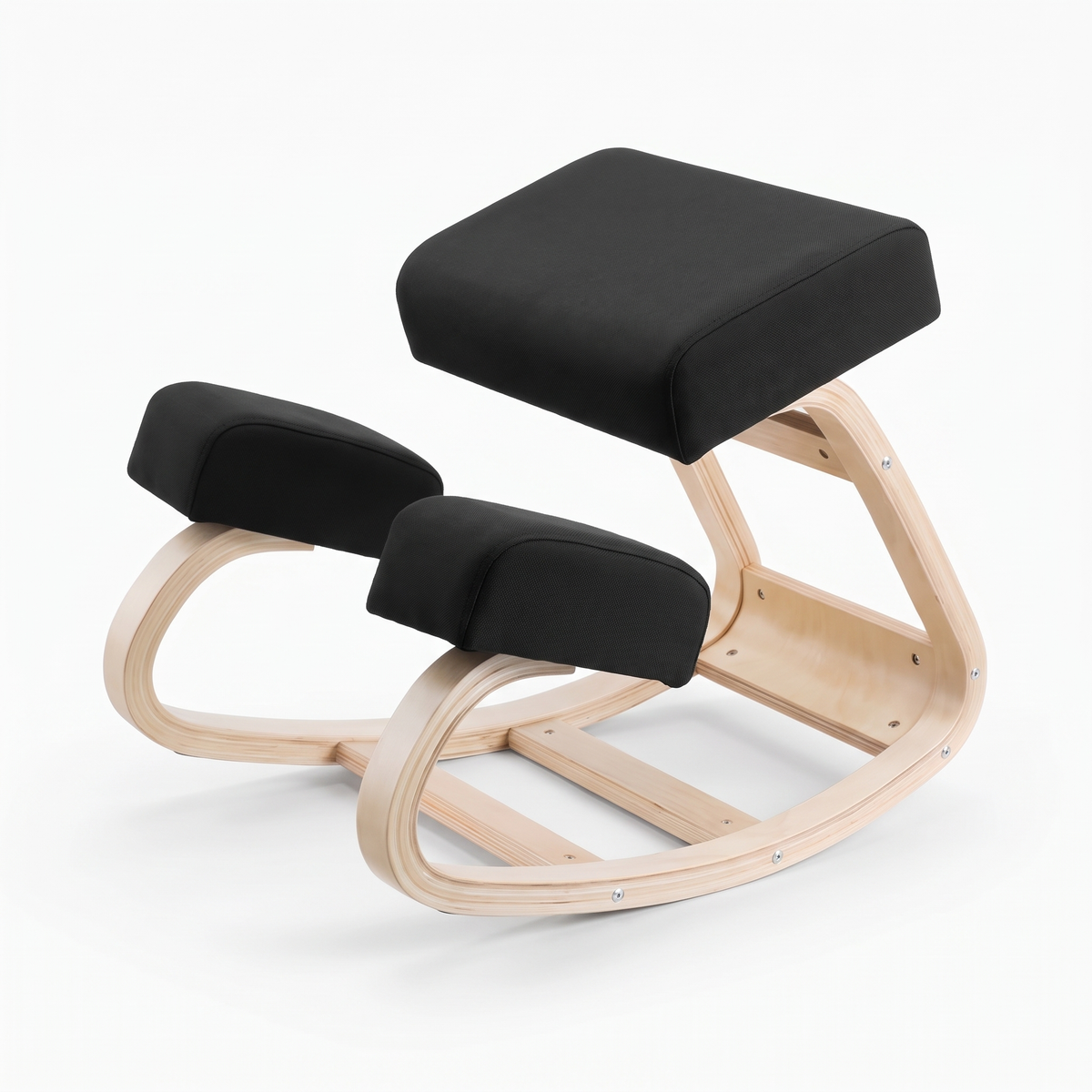 Ivy twin-pad kneeling chair with pale wood frame, black seat and two knee pads on a white background