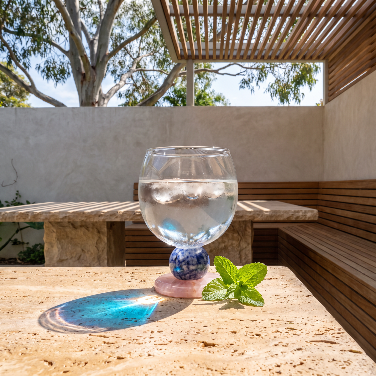 Ivy Sculptural Borosilicate Drinking Glass in Blue on a travertine alfresco table