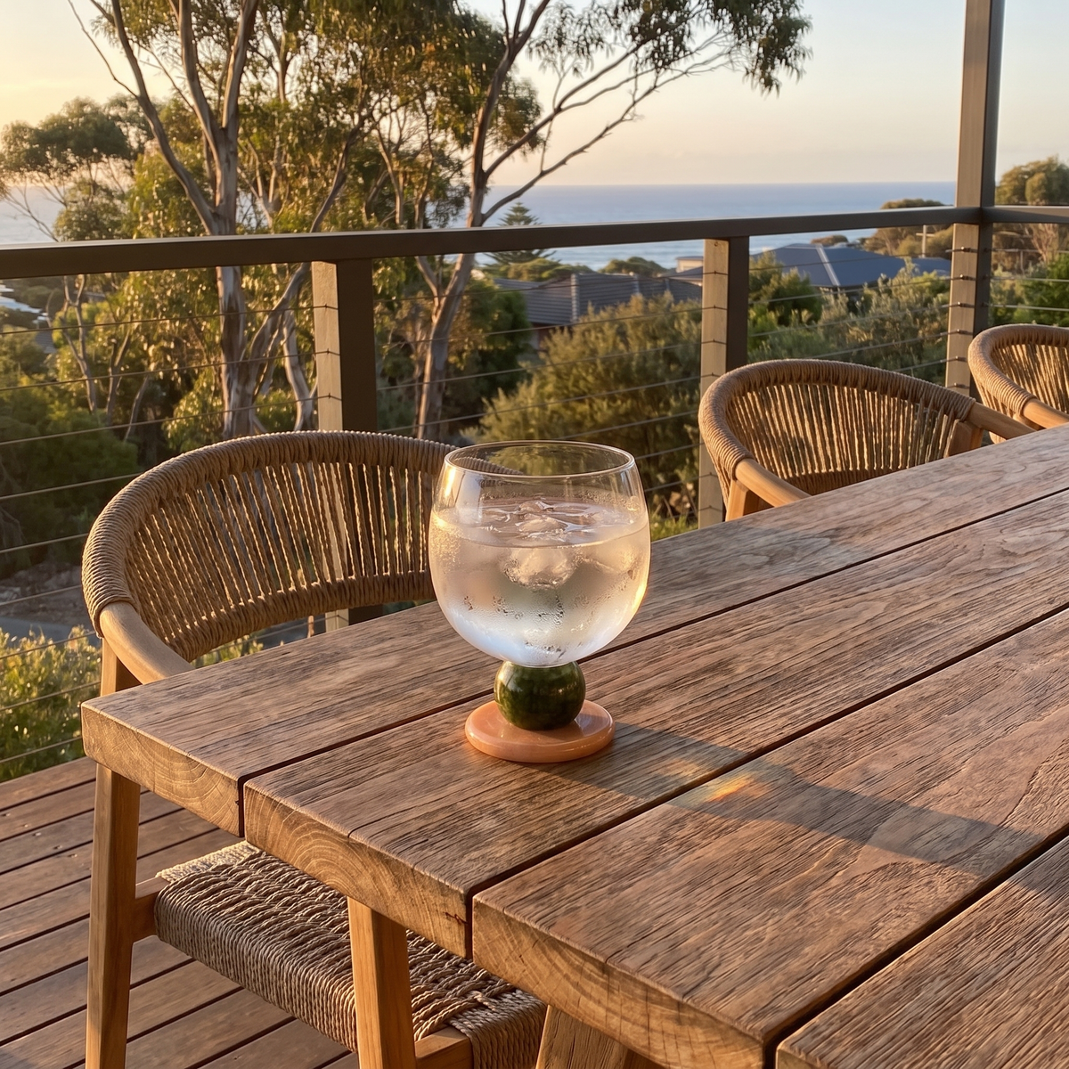 Ivy Sculptural Borosilicate Drinking Glass in Green on an outdoor timber deck table