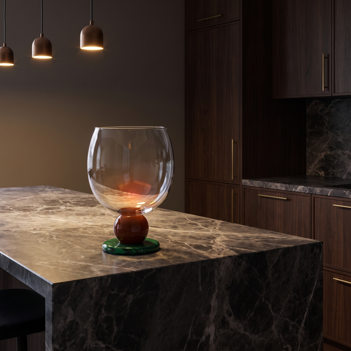 Ivy Sculptural Borosilicate Drinking Glass in Red on a dark marble kitchen island