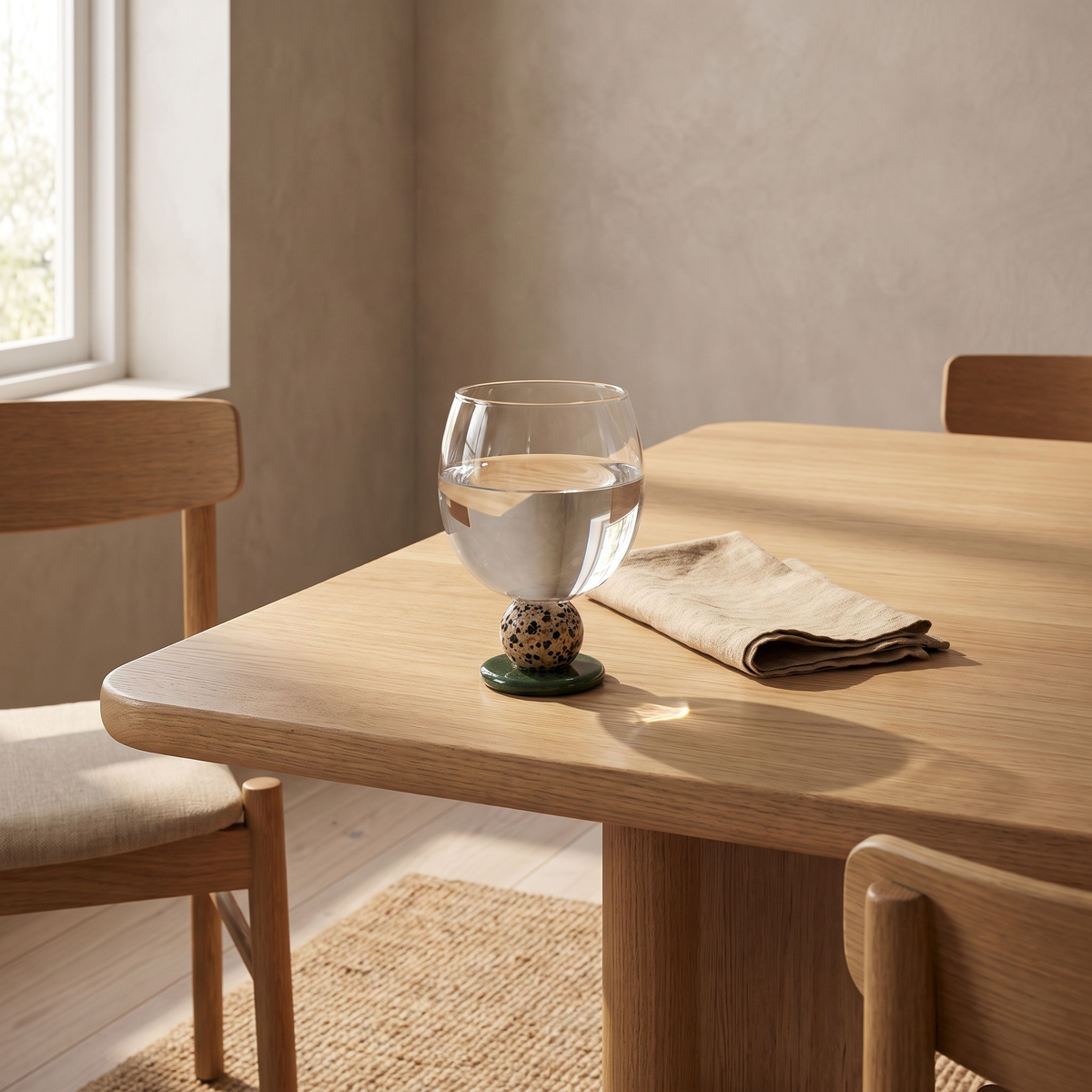 Ivy Sculptural Borosilicate Drinking Glass in Sand on a light oak dining table