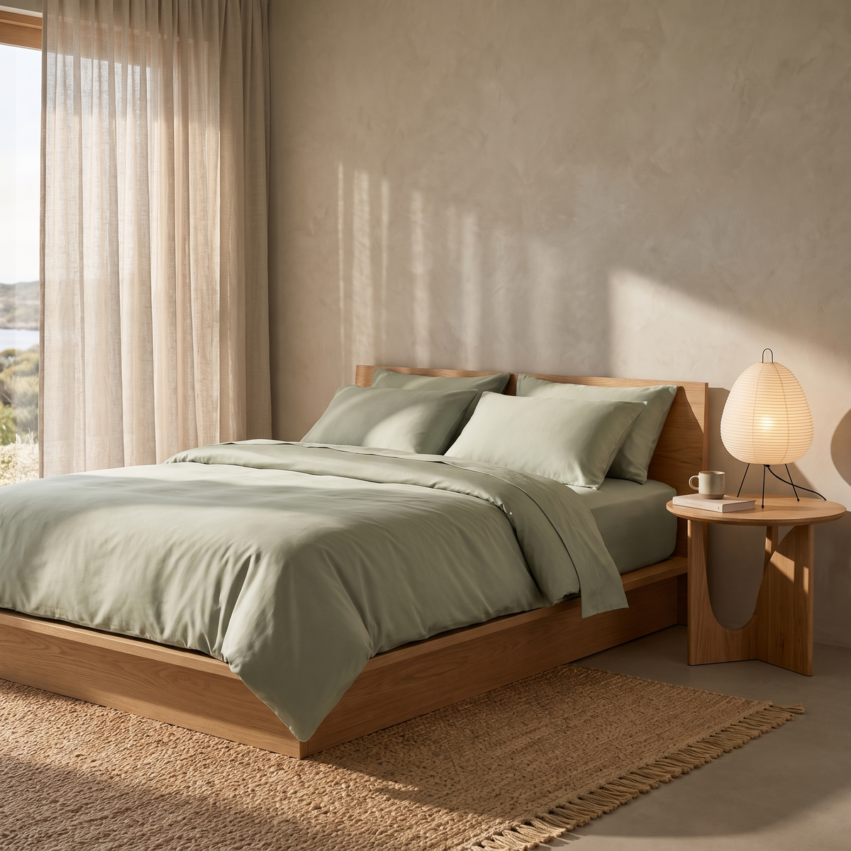 Toshi rice paper lamp on a Malmo oak bedside table with Eco Haven sage bedding and a Yarrel bamboo rug