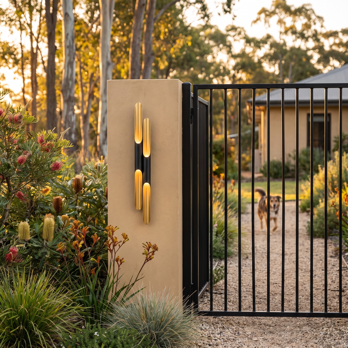 Jarra double outdoor wall sconce on a rendered gate pier in a native garden at golden hour