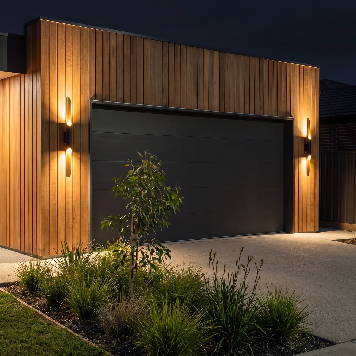 Two single-tube Jarra outdoor wall lights flanking the garage door of a blackbutt-clad home at night