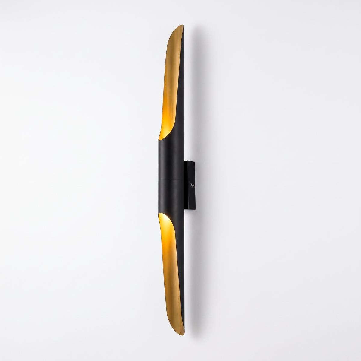 Jarra outdoor wall light, single tube in matte black and gold, on a white background