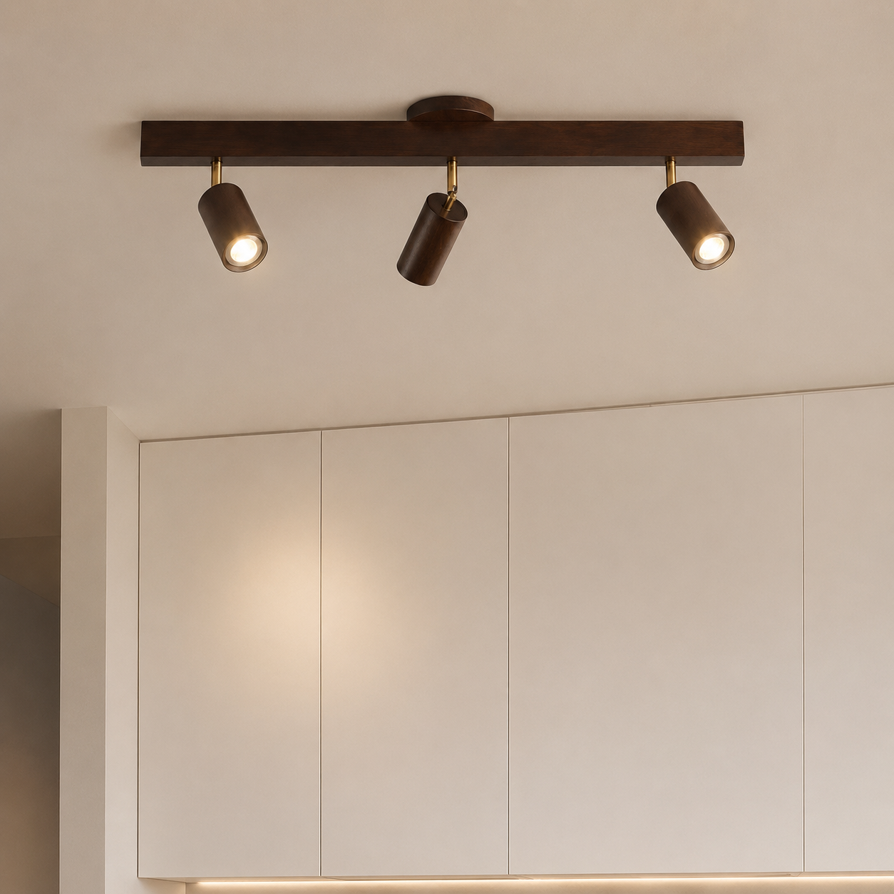 Jarred Wooden Ceiling Spotlight multi-head configuration in Walnut finish
