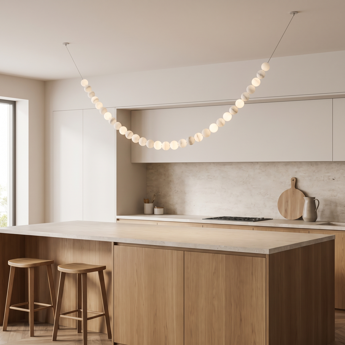 Jawa alabaster bead pendant in the 19 light size swagged along a limestone kitchen island