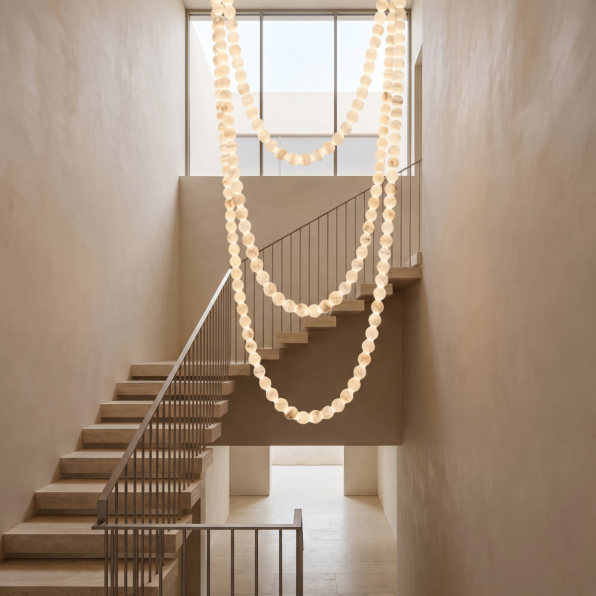 Jawa alabaster bead pendant cascading down a multi-storey hotel atrium beside a floating stair