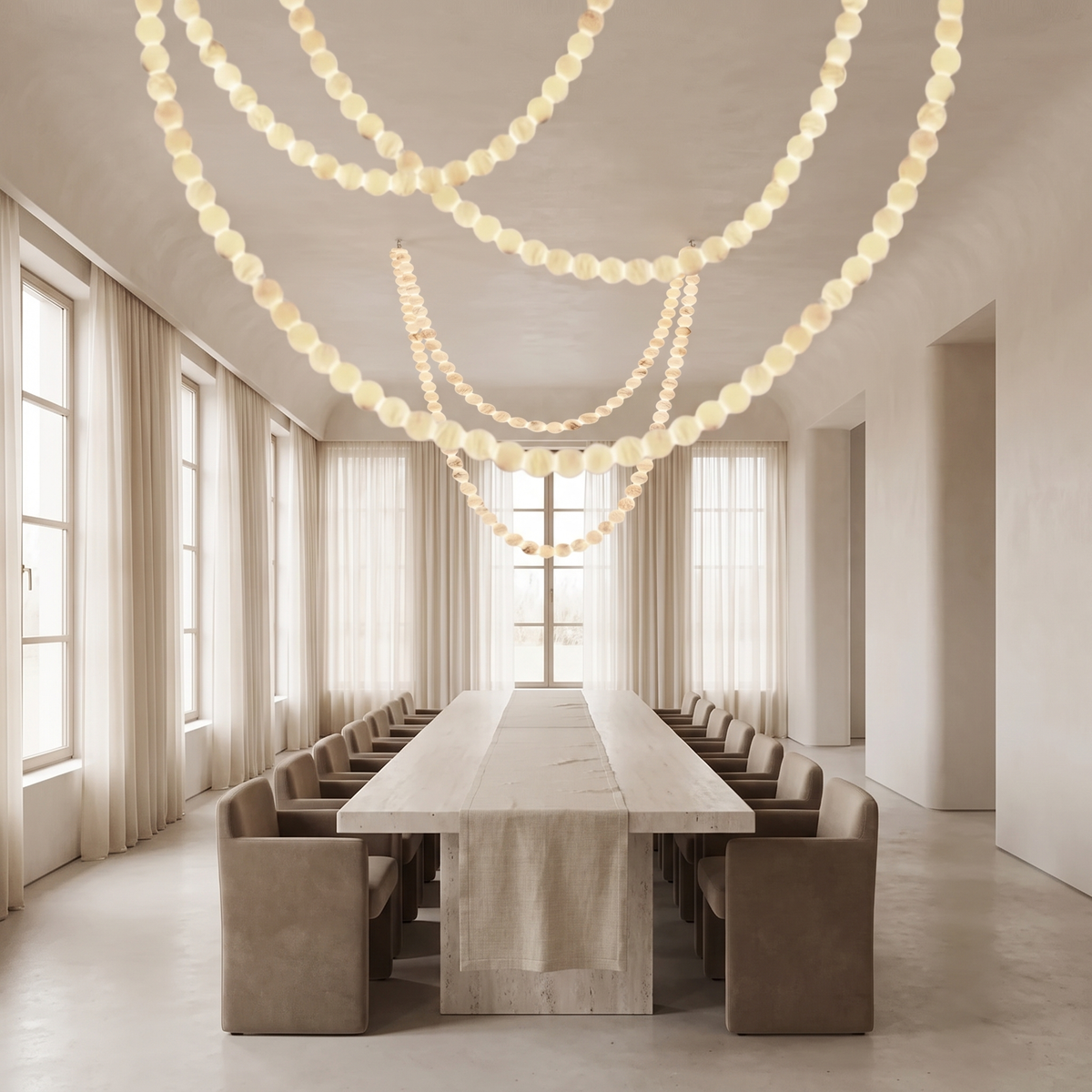 Jawa alabaster bead pendant in three layered swags above a very long formal stone dining table