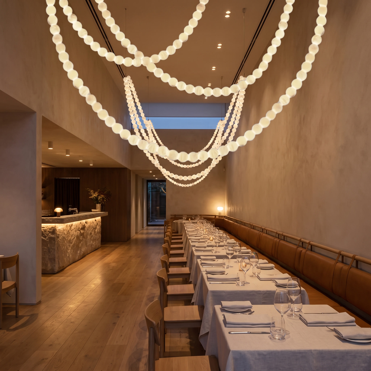 Jawa alabaster bead pendant in long swags above the set tables of a high-ceilinged restaurant
