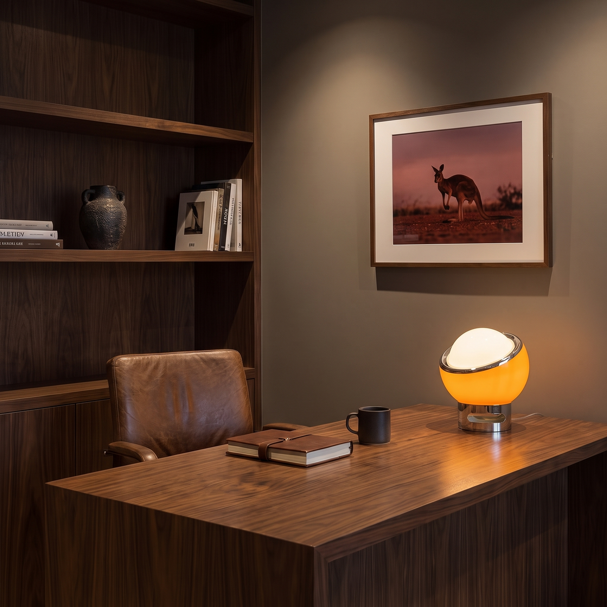 Jayla Bauhaus table lamp in orange on a timber desk in a walnut home office