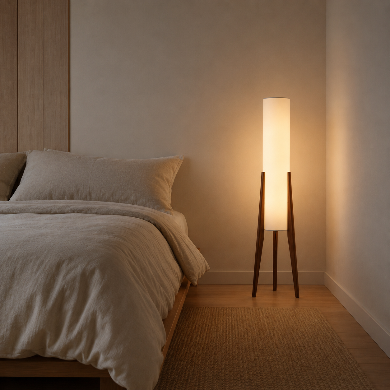 Jervis walnut wood floor lamp styled in a living room setting