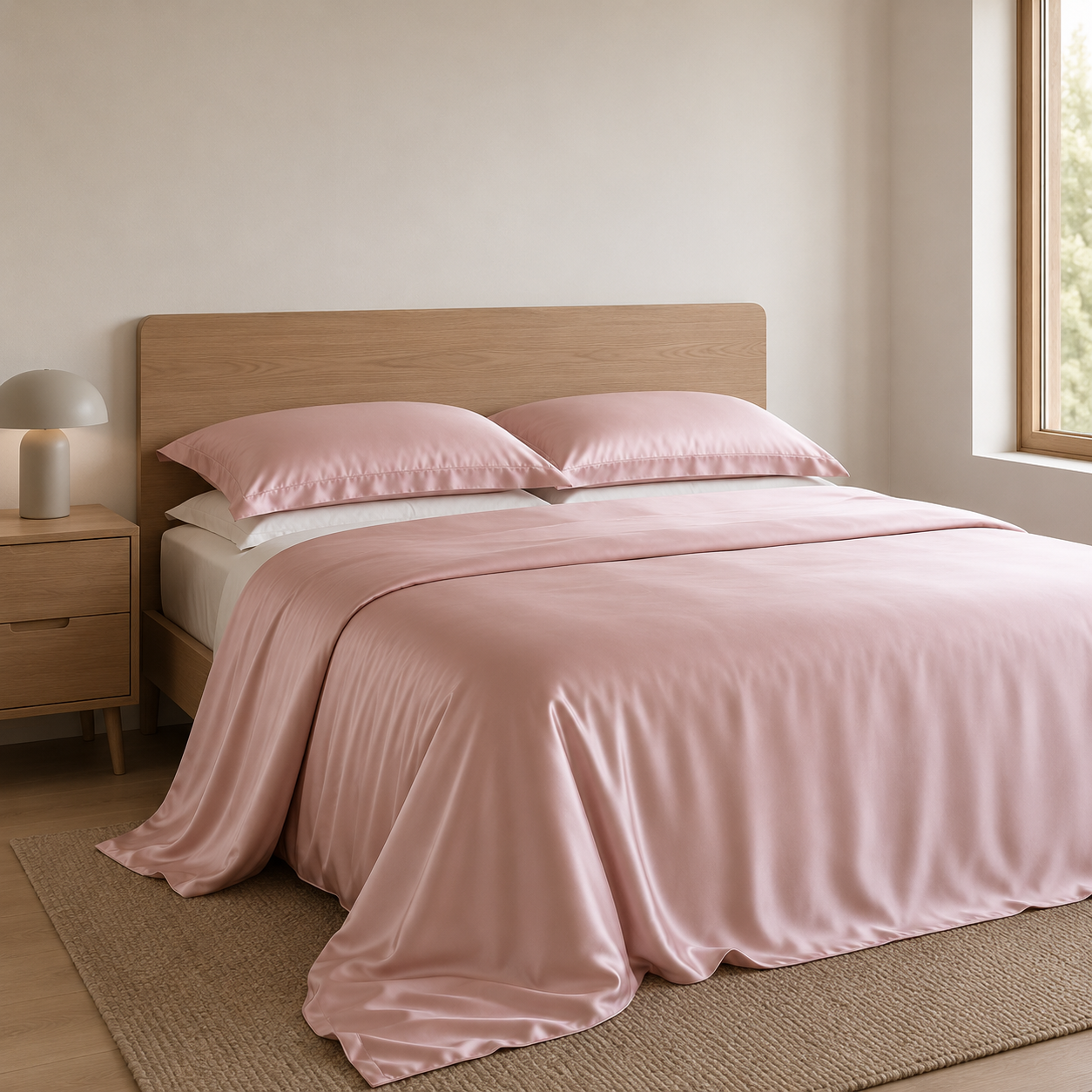 Jesi Premium Silk Bedding Set draped over the bed edge