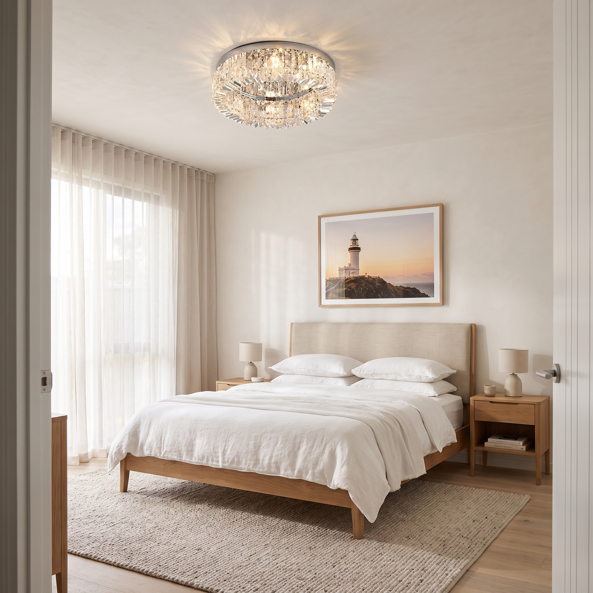 Jessi crystal flush mount ceiling light in chrome above the bed in a Scandinavian master bedroom