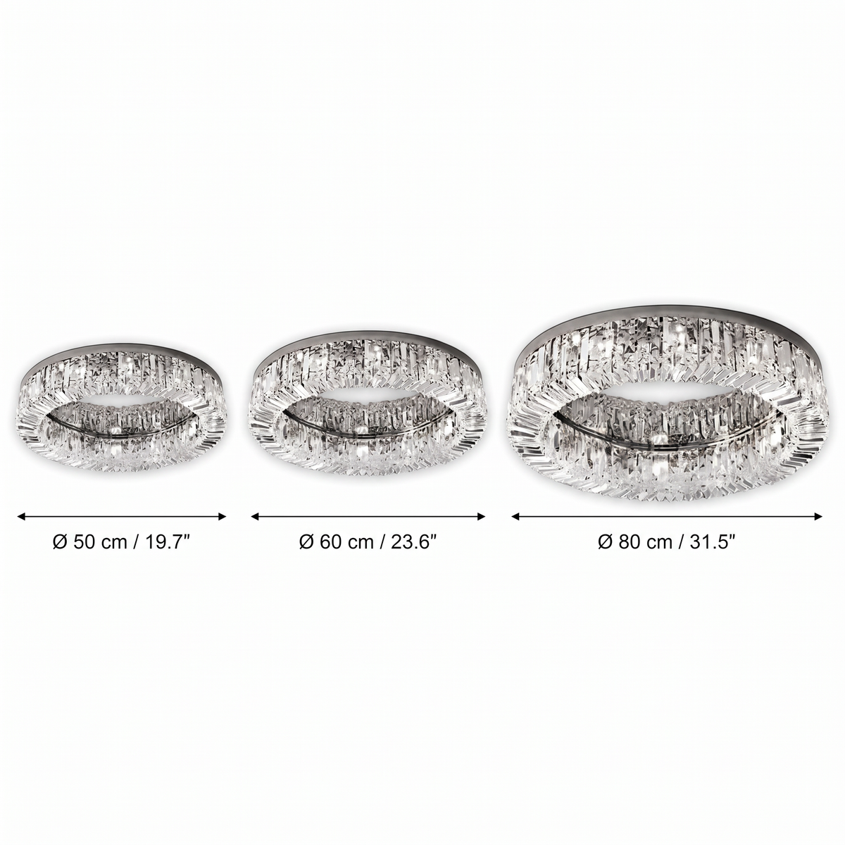 Jessi crystal ceiling light dimensions, available in 50cm, 60cm and 80cm diameters