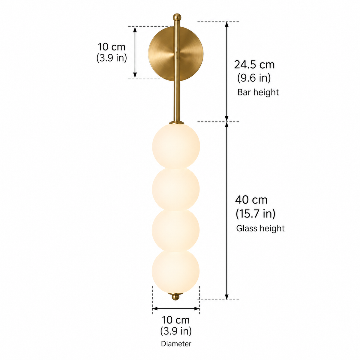 Jilli opal glass wall sconce dimensions, 40cm glass column, 10cm diameter and 24.5cm bar height