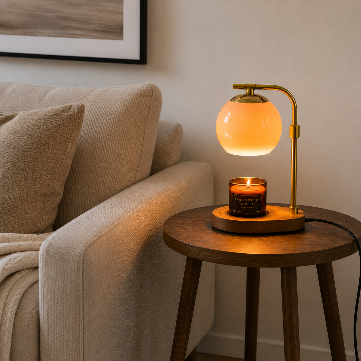 Jindi flameless candle warmer lamp glowing with warm ambient light