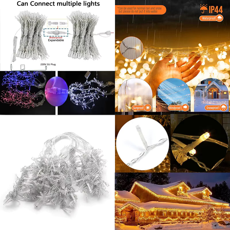 Jingle LED icicle lights linking end to end, with IP44 rating and a close up of the drops