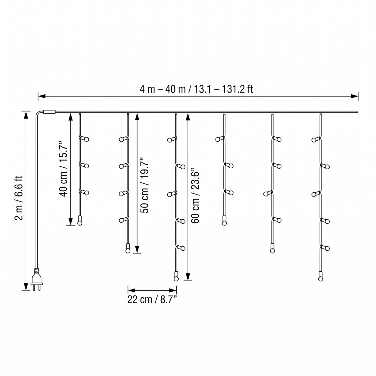 Jingle LED icicle lights size guide showing 40, 50 and 60cm (15.7, 19.7 and 23.6in) drops
