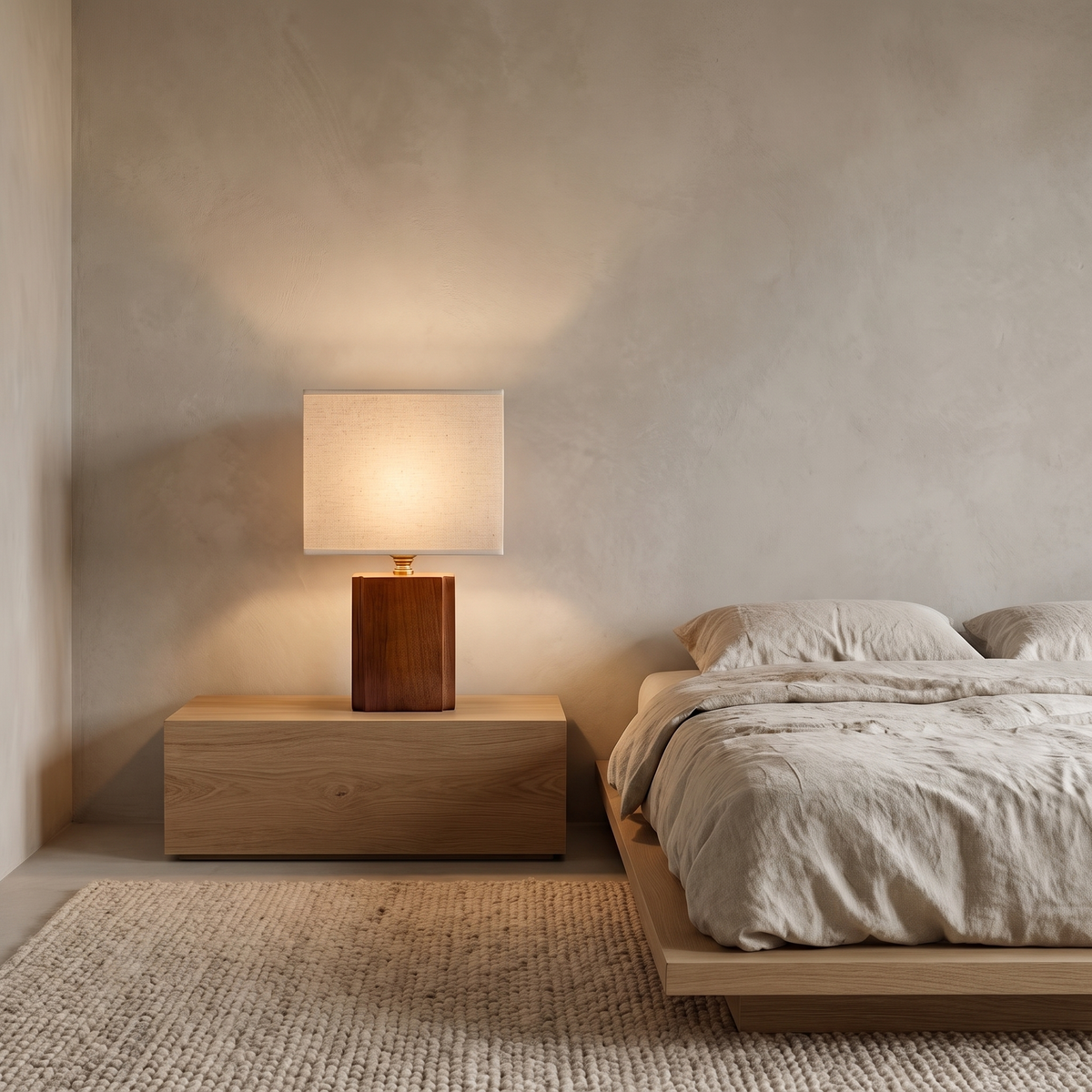 Jiwa wabi-sabi bamboo table lamp on a low oak bedside in a serene bedroom