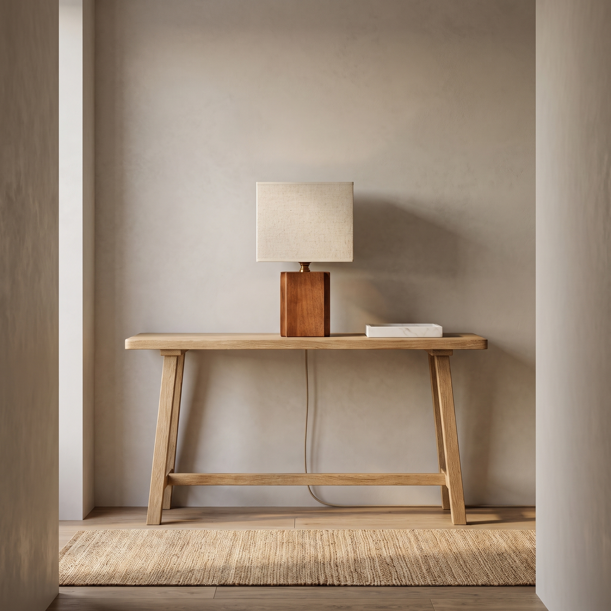 Jiwa wabi-sabi bamboo table lamp on an oak console in a Japandi entry
