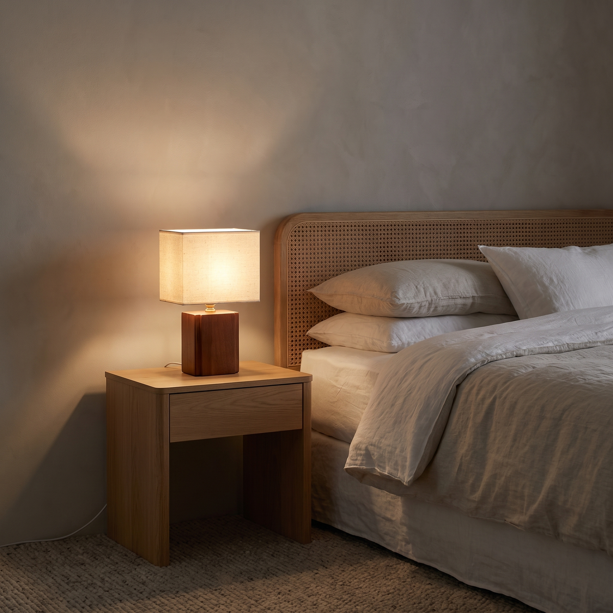 Jiwa wabi-sabi bamboo table lamp lit on an oak bedside table in a calm bedroom at night