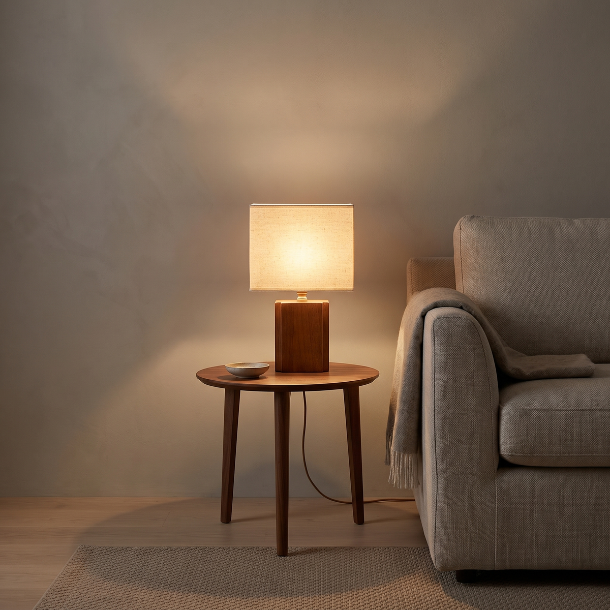 Jiwa wabi-sabi bamboo table lamp glowing on a walnut side table beside a sofa in a living room