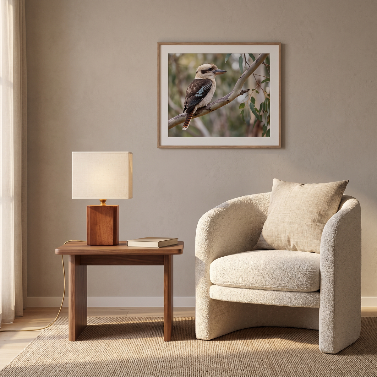 Jiwa wabi-sabi bamboo table lamp on a walnut side table beside a reading chair