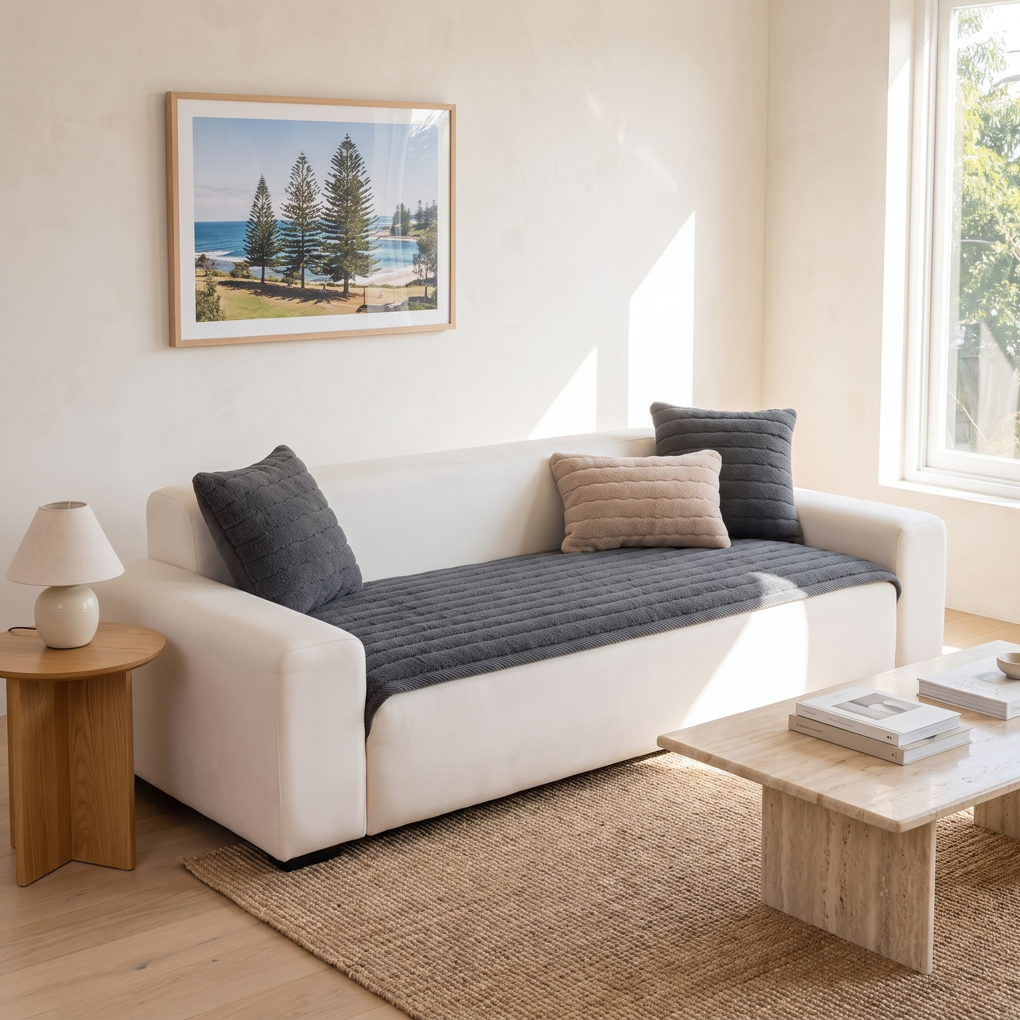 Jody plush microfibre sofa cover in Honey Gold styled in a bright modern living room