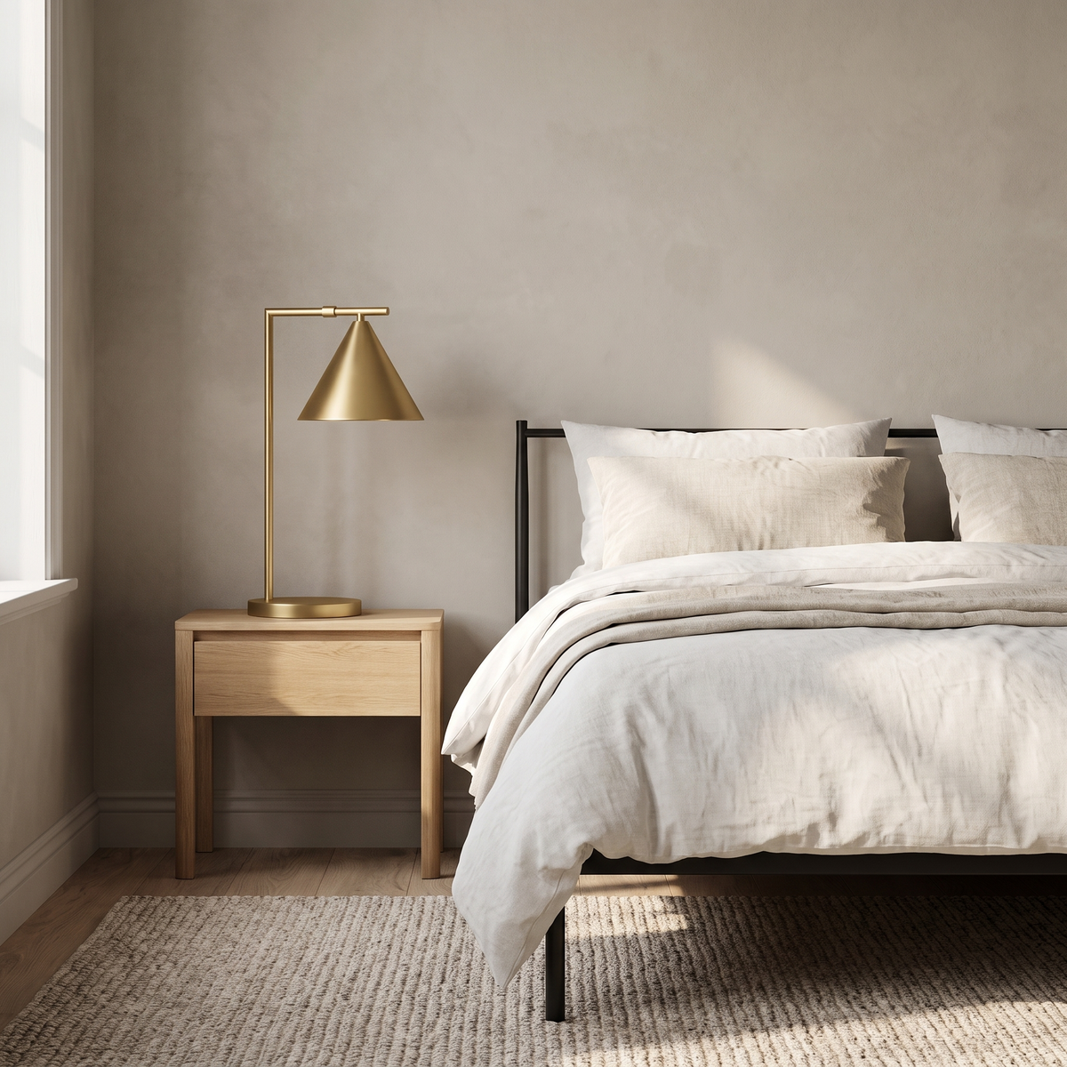 Joey brass table lamp on an oak bedside table in a Scandinavian bedroom