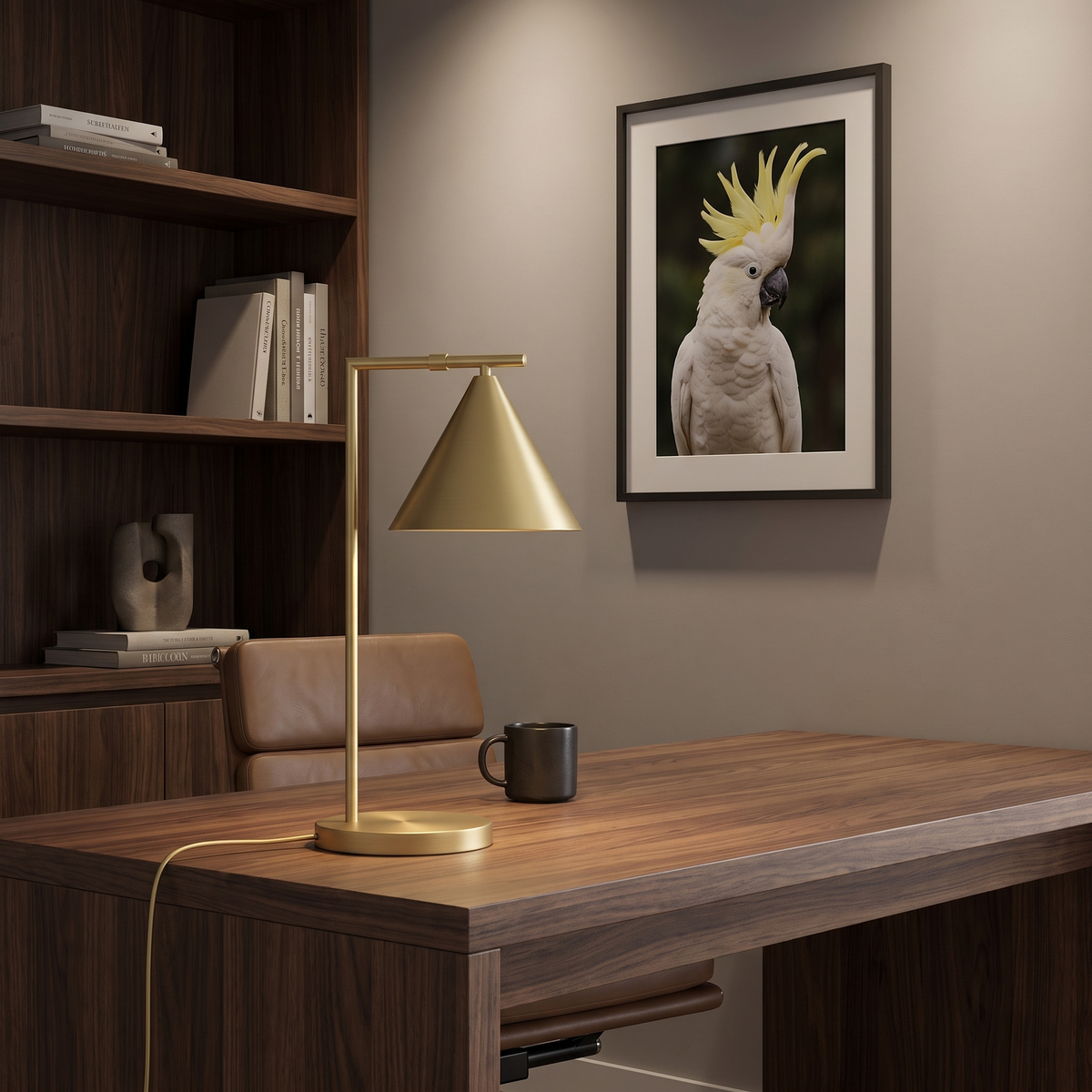 Joey classic brass table lamp on a walnut desk in a home study