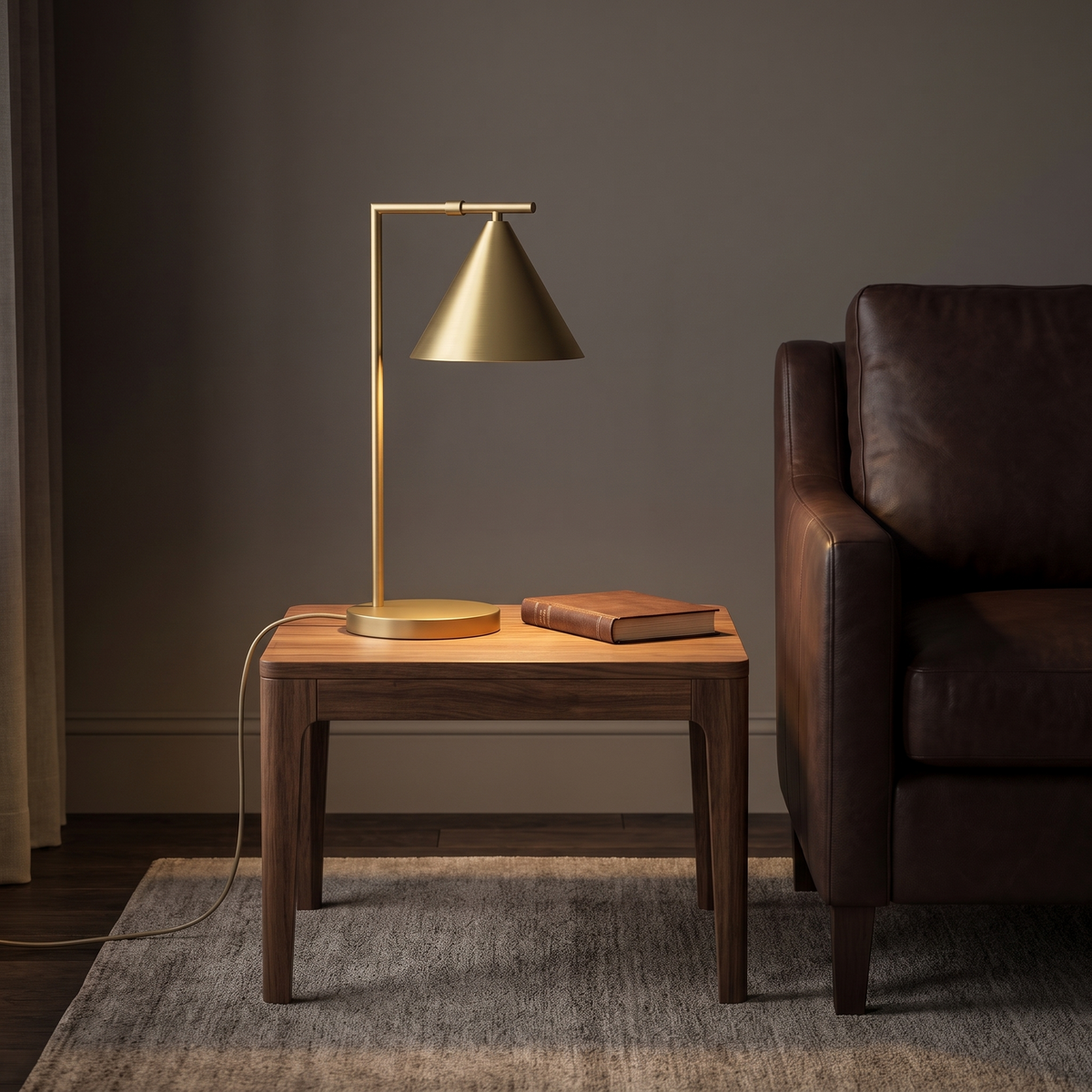 Joey classic brass table lamp on a walnut side table beside a leather armchair