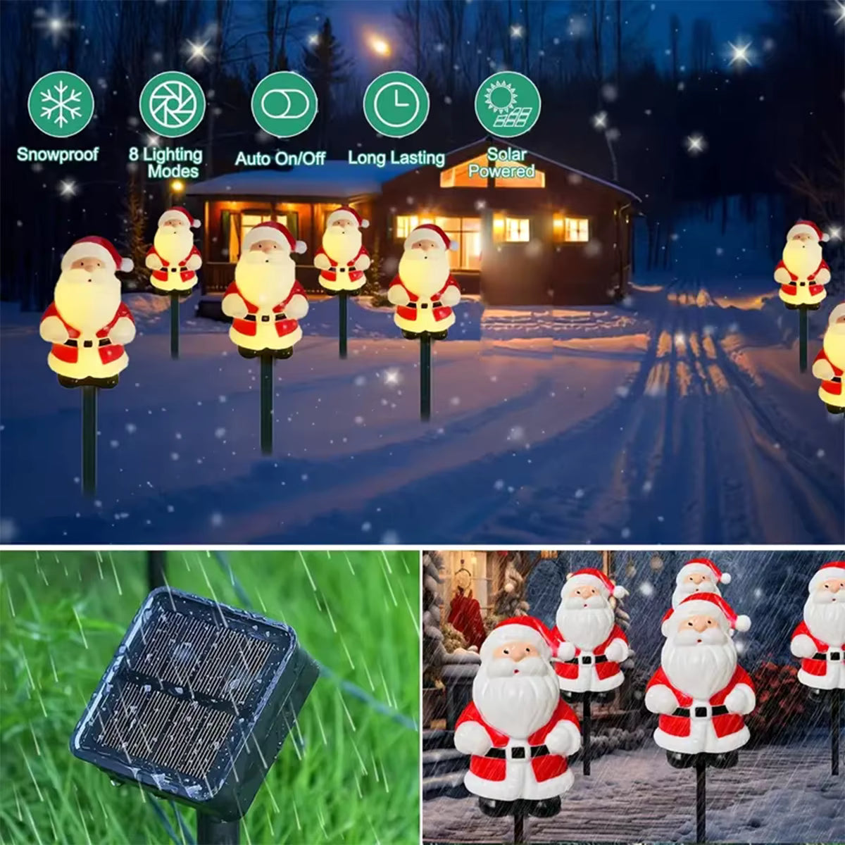 Jolly solar Santa garden lights features: snowproof, 8 lighting modes, auto on and off, solar powered