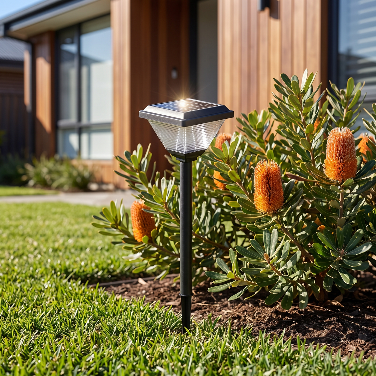 Close-up of a Joyo Solar Garden Light in black by banksia at the lawn edge of a spotted gum home in the morning