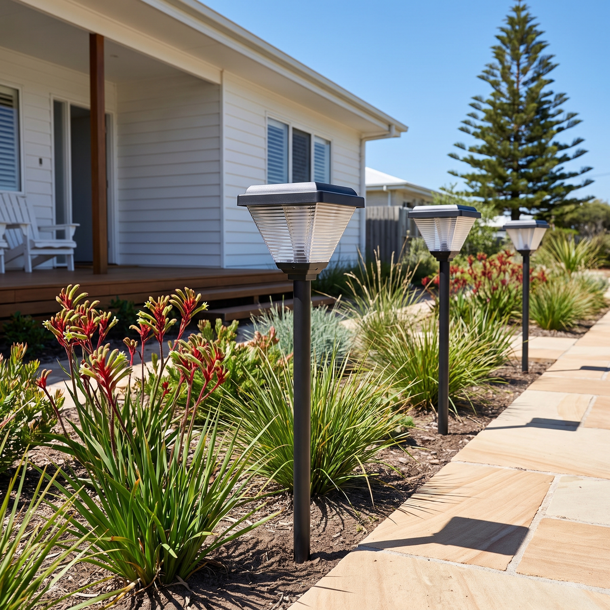Three Joyo Solar Garden Lights in black along a sandstone path to a white weatherboard beach house with kangaroo paw