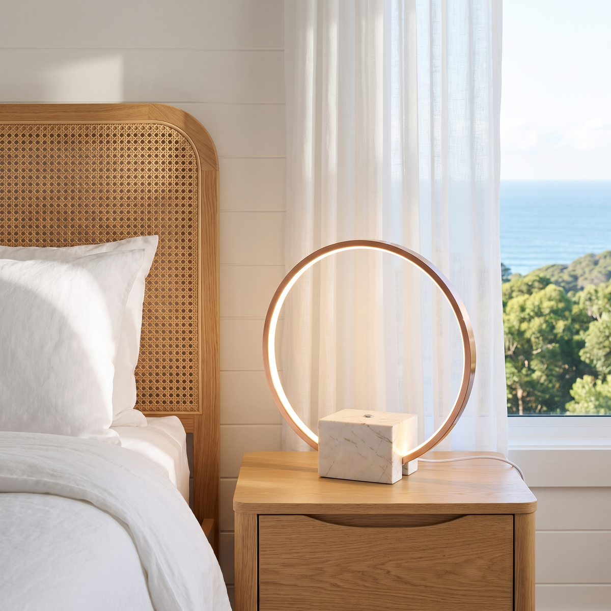 Juli marble table lamp with copper accents on an oak bedside table in a coastal bedroom