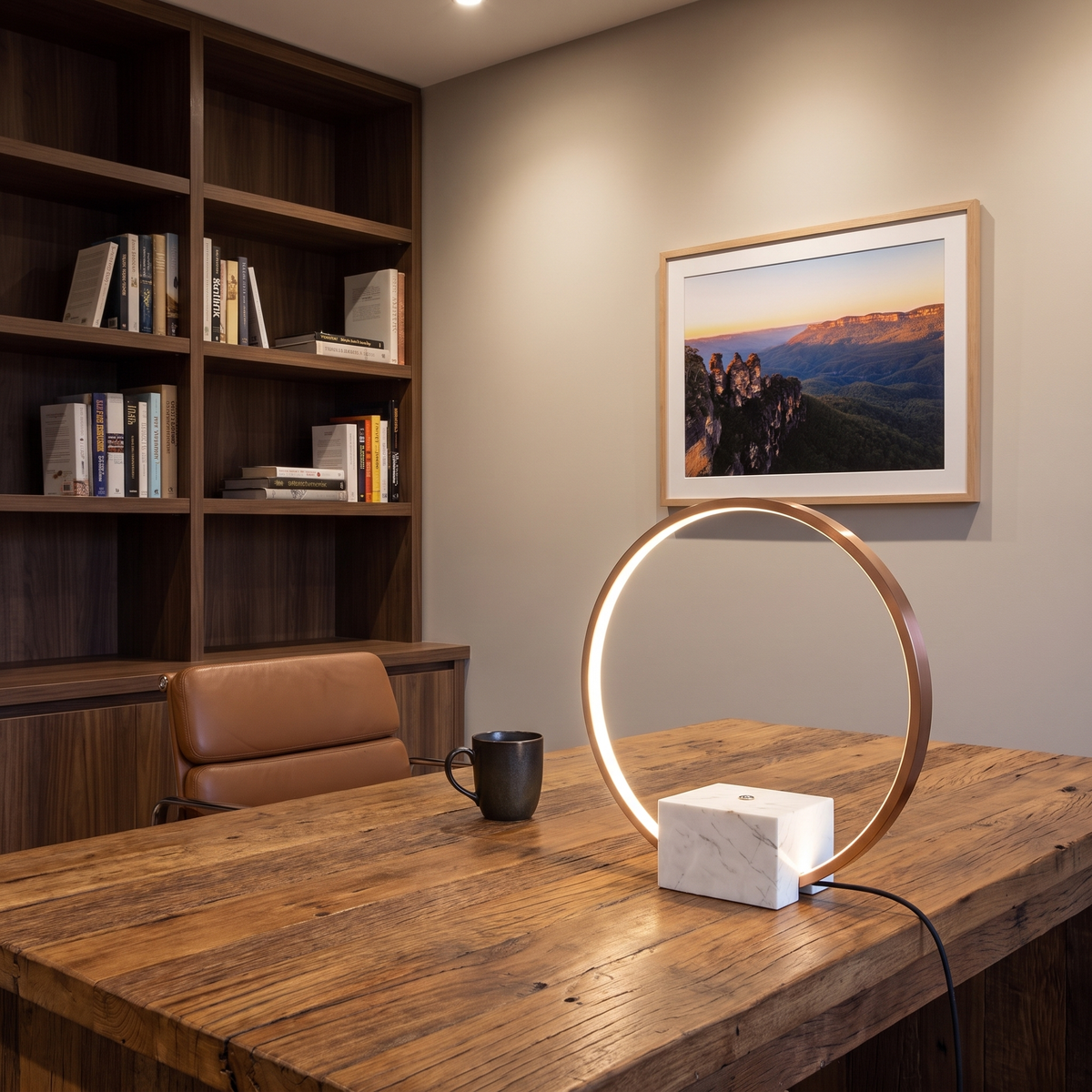 Juli marble table lamp with copper accents on a timber desk in a home office