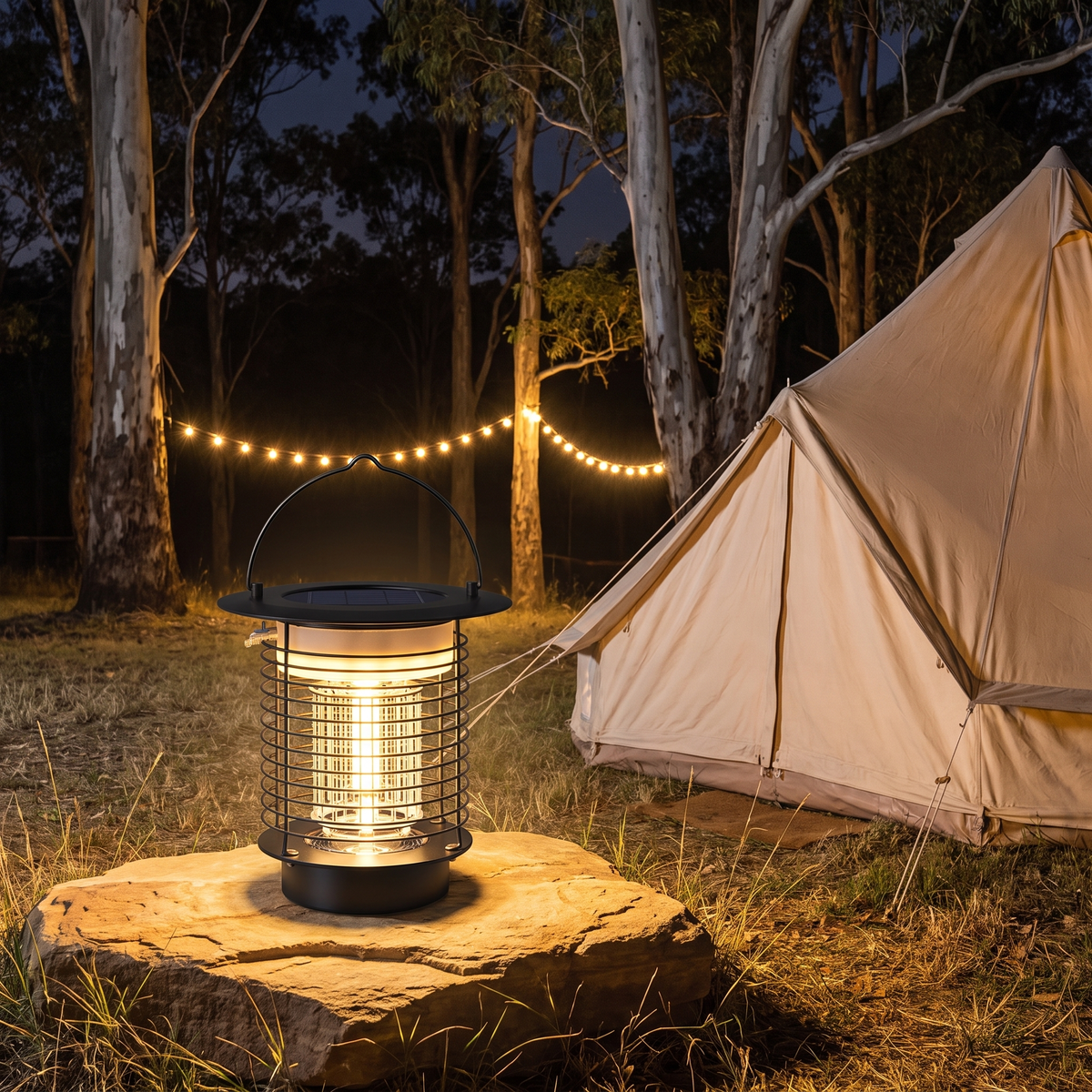 Portable Juli Solar Bug Zapper Light in black glowing on a rock beside a bell tent under gum trees at night