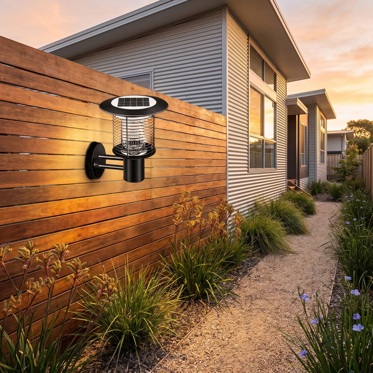 Juli Solar Bug Zapper Light in black mounted on a blackbutt slat fence above a gravel path at golden hour