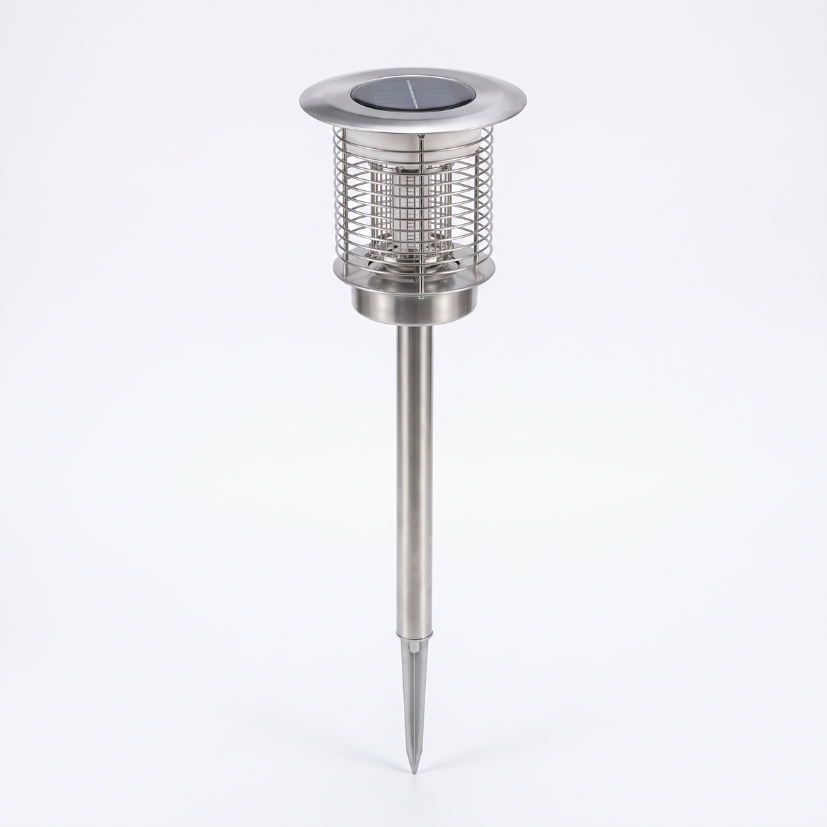 Juli Solar Bug Zapper Pathway Light in silver with ground stake on a white background