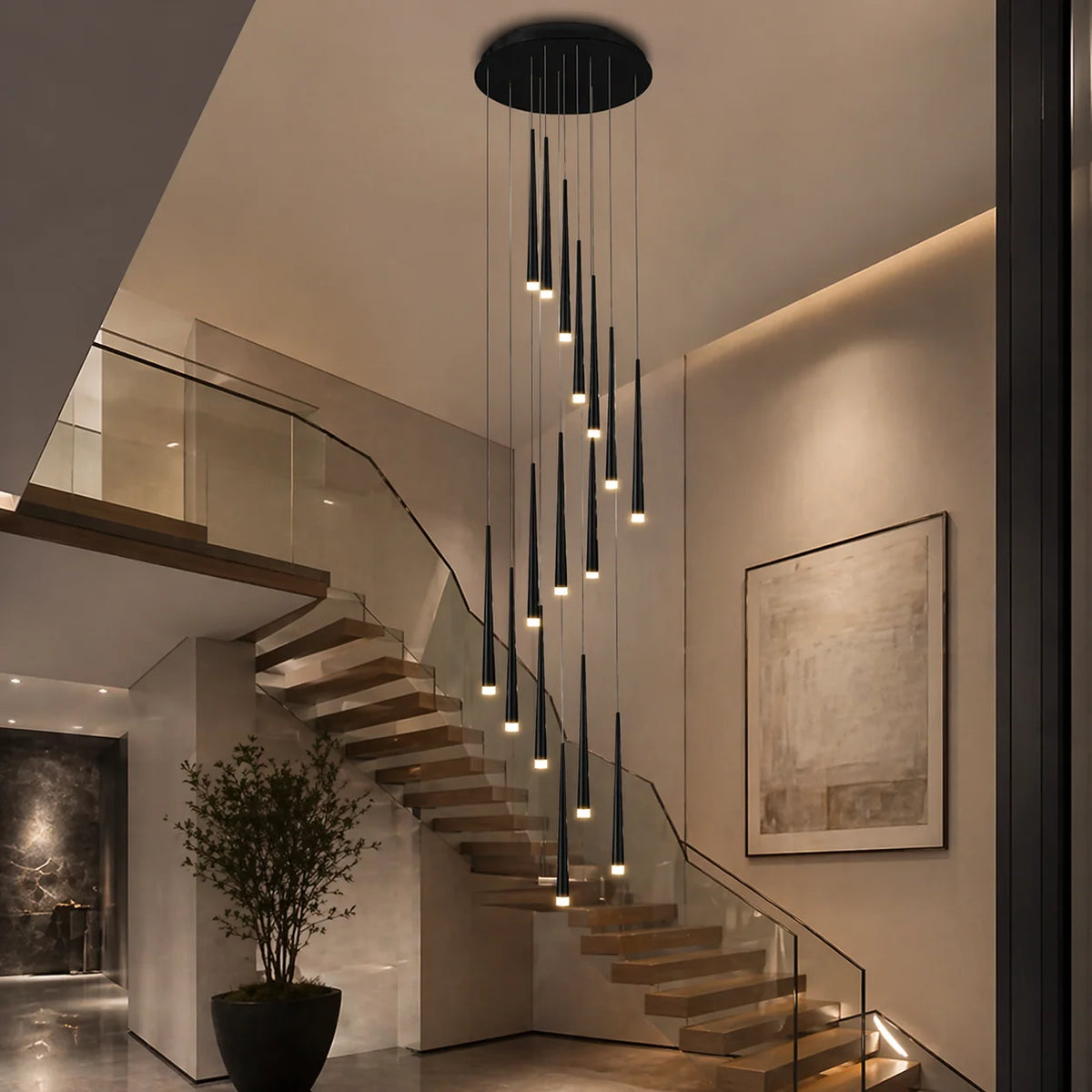 Black Jundaru twelve-light cluster pendant beside a floating timber staircase