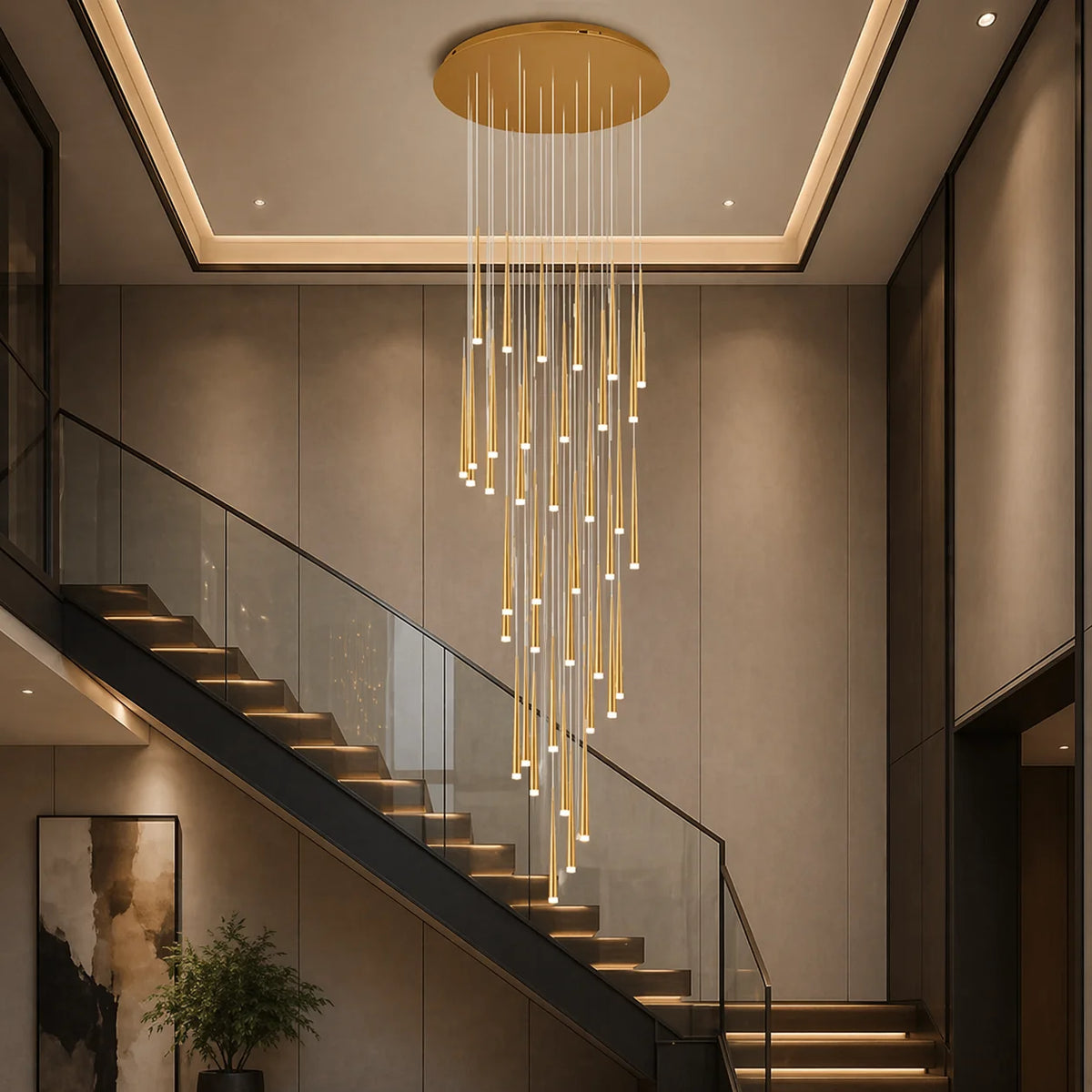 Gold Jundaru cluster pendant with sixteen lights in a timber stair void
