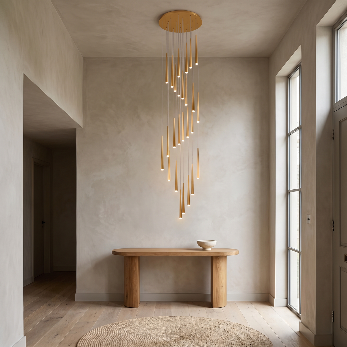 Jundaru pendant light in gold spiralling above an oak console in a Scandinavian entry foyer