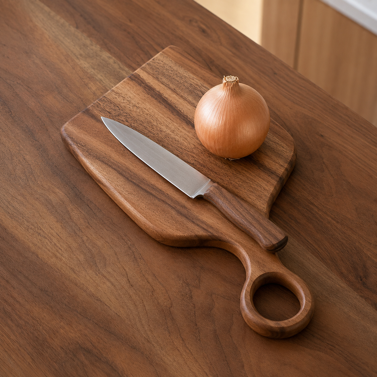 Close-up of the Kell Cutting Board Set's natural walnut grain